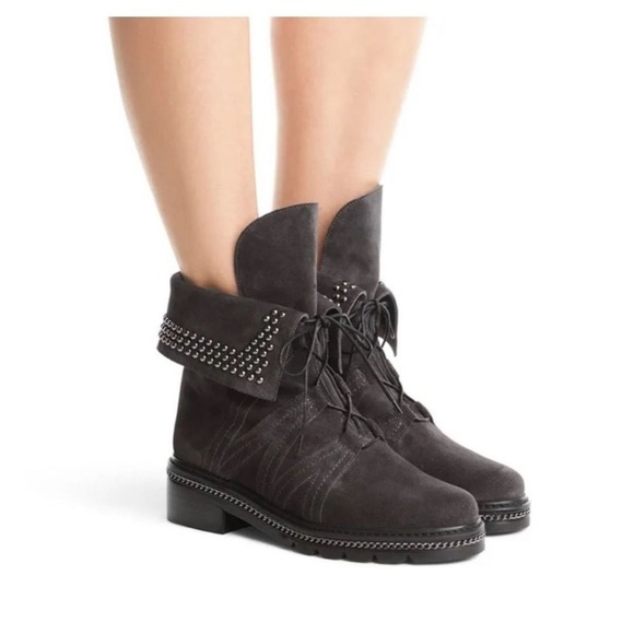 Stuart Weitzman Yadastud Chain-Link Fold Down Studded Ankle Grey Suede Size 7 - Picture 3 of 17